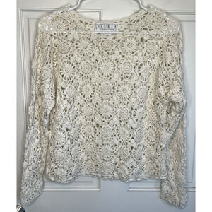 Vintage 90s Women's Crochet Lace Pullover Sz M Long Sleeve Cottage Boho Peasant